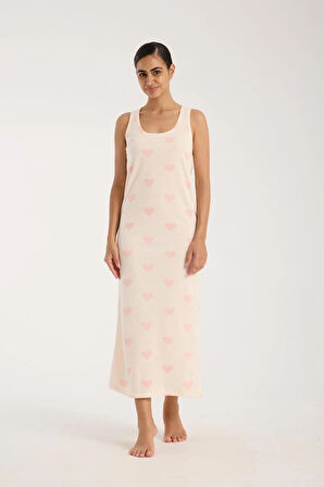 Akbeniz Kadın Kalın Askılı Yırtmaçlı Uzun Pudra Gecelik