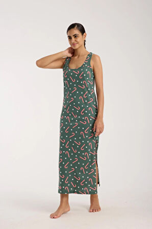 Akbeniz Kadın Kalın Askılı Yırtmaçlı Uzun Yeşil Gecelik