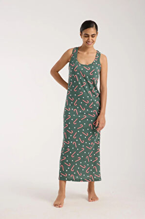 Akbeniz Kadın Kalın Askılı Yırtmaçlı Uzun Yeşil Gecelik