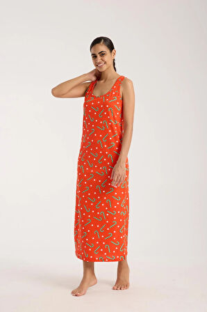 Akbeniz Kadın Kalın Askılı Yırtmaçlı Uzun Turuncu Gecelik