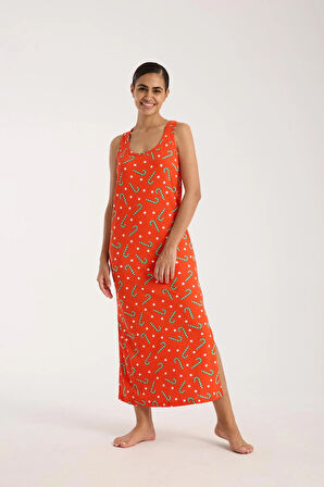 Akbeniz Kadın Kalın Askılı Yırtmaçlı Uzun Turuncu Gecelik