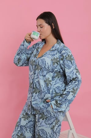 Akbeniz Kadın Büyük Beden Mavi Tropikal Desenli Düğmeli Pijama Takımı