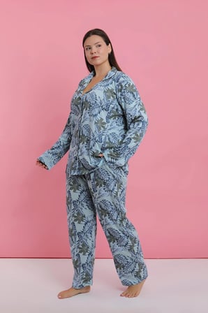 Akbeniz Kadın Büyük Beden Mavi Tropikal Desenli Düğmeli Pijama Takımı