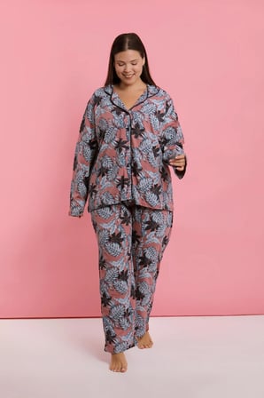 Akbeniz Kadın Büyük Beden Somon Yaprak Desenli Düğmeli Pijama Takımı