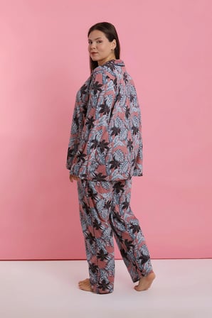 Akbeniz Kadın Büyük Beden Somon Yaprak Desenli Düğmeli Pijama Takımı