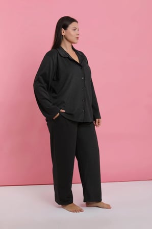 Akbeniz Kadın Büyük Beden Füme Düğmeli Pijama Takımı