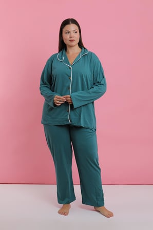 Akbeniz Kadın Büyük Beden Petrol Rengi Düğmeli Pijama Takımı