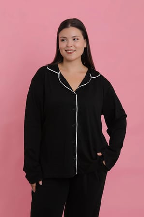 Akbeniz Kadın Büyük Beden Siyah Düğmeli Pijama Takımı