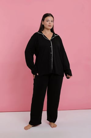 Akbeniz Kadın Büyük Beden Siyah Düğmeli Pijama Takımı