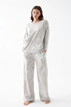Akbeniz Kadın Oversize Gri Çiçek Desenli Pamuklu Kalın Pijama Takımı