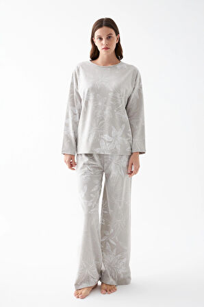 Akbeniz Kadın Oversize Gri Çiçek Desenli Pamuklu Kalın Pijama Takımı