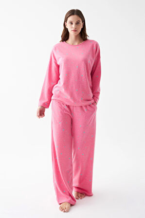 Akbeniz Kadın Oversize Pembe Puantiyeli Pamuklu Kalın Pijama Takımı