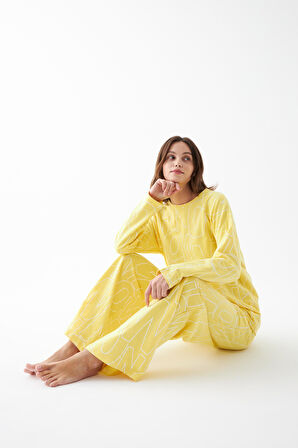 Akbeniz Kadın Oversize Sarı Desenli Pamuklu Kalın Pijama Takımı