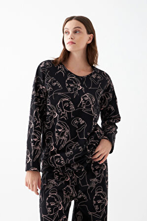 Akbeniz Kadın Oversize Siyah Line Art Desenli Pamuklu Kalın Pijama Takımı