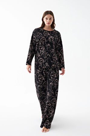 Akbeniz Kadın Oversize Siyah Line Art Desenli Pamuklu Kalın Pijama Takımı