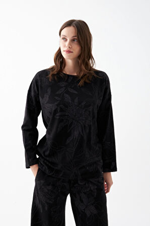Akbeniz Kadın Oversize Siyah Çiçek Desenli Pamuklu Kalın Pijama Takımı