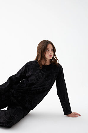 Akbeniz Kadın Oversize Siyah Çiçek Desenli Pamuklu Kalın Pijama Takımı