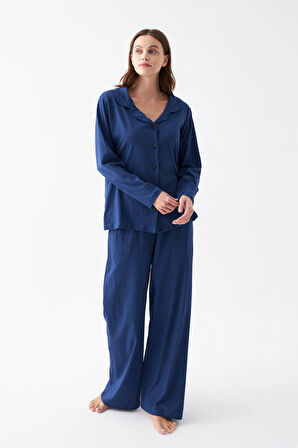 Akbeniz Kadın Lacivert Düğmeli Yaka Detaylı Pamuklu Pijama Takımı