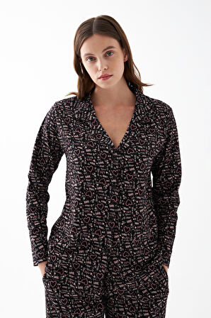 Akbeniz Kadın Siyah Düğmeli Kalp Desenli Pamuklu Pijama Takımı