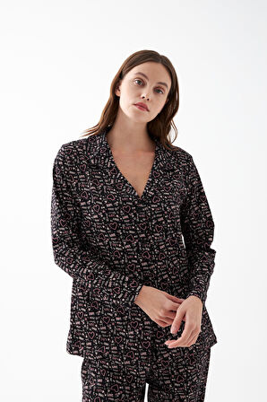 Akbeniz Kadın Siyah Düğmeli Kalp Desenli Pamuklu Pijama Takımı
