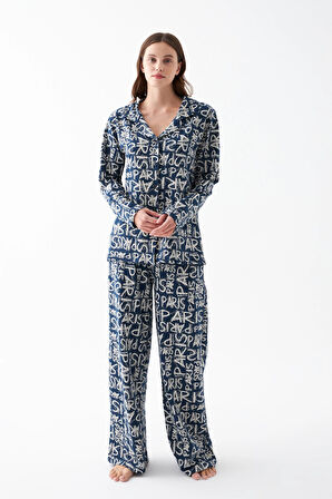 Akbeniz Kadın Lacivert “Paris” Yazı Desenli Düğmeli Pamuklu Pijama Takımı