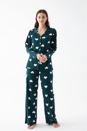 Akbeniz Kadın Zümrüt Yeşili Kalp Desenli Düğmeli Pamuklu Pijama Takımı
