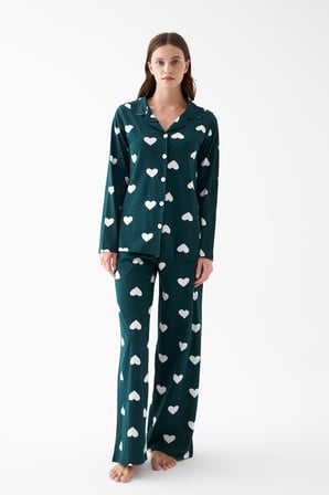 Akbeniz Kadın Zümrüt Yeşili Kalp Desenli Düğmeli Pamuklu Pijama Takımı