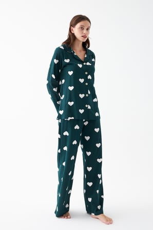 Akbeniz Kadın Zümrüt Yeşili Kalp Desenli Düğmeli Pamuklu Pijama Takımı