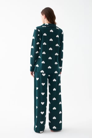 Akbeniz Kadın Zümrüt Yeşili Kalp Desenli Düğmeli Pamuklu Pijama Takımı