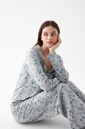 Akbeniz Kadın Gri Desenli Düğmeli Pamuklu Pijama Takımı