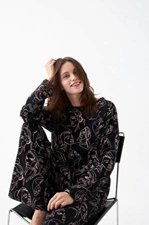 Akbeniz Kadın Oversize Siyah Line Art Desenli Pamuklu Kalın Pijama Takımı
