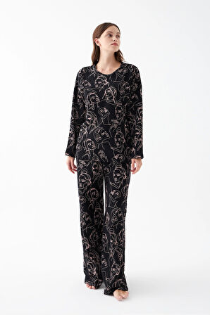 Akbeniz Kadın Oversize Siyah Line Art Desenli Pamuklu Kalın Pijama Takımı