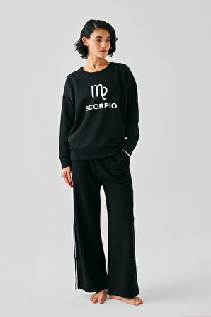 Akbeniz Kadın Siyah Akrep Burcu Oversize 2 İplik Eşofman Ev Giyim Takımı