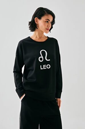 Akbeniz Kadın Siyah Aslan Burcu Oversize 2 İplik Eşofman Ev Giyim Takımı