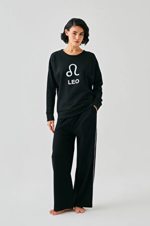 Akbeniz Kadın Siyah Aslan Burcu Oversize 2 İplik Eşofman Ev Giyim Takımı