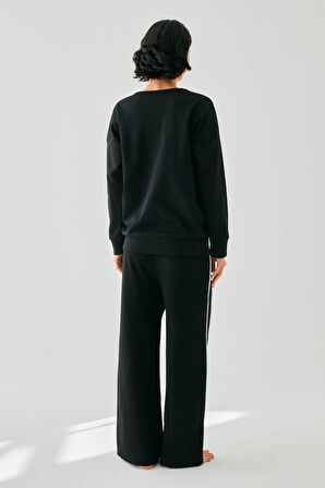 Akbeniz Kadın Siyah Balık Burcu Oversize 2 İplik Eşofman Ev Giyim Takımı