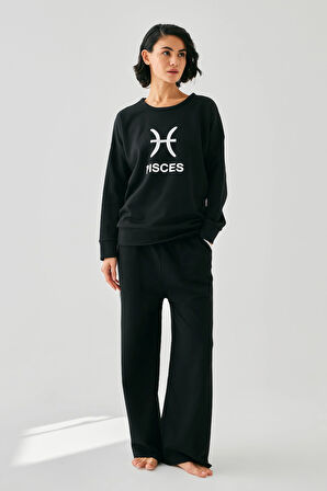 Akbeniz Kadın Siyah Balık Burcu Oversize 2 İplik Eşofman Ev Giyim Takımı