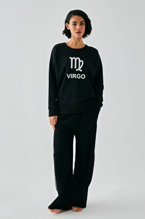 Akbeniz Kadın Siyah Başak Burcu Oversize 2 İplik Eşofman Ev Giyim Takımı