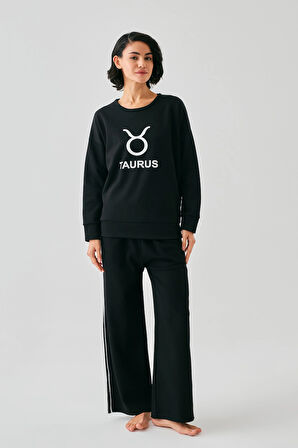 Akbeniz Kadın Siyah Boğa Burcu Oversize 2 İplik Eşofman Ev Giyim Takımı