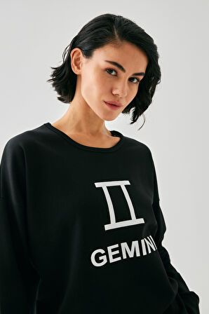 Akbeniz Kadın Siyah İkizler Burcu Oversize 2 İplik Eşofman Ev Giyim Takımı