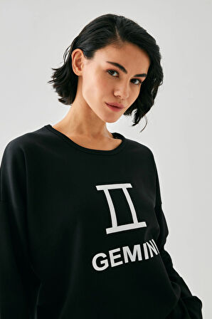 Akbeniz Kadın Siyah İkizler Burcu Oversize 2 İplik Eşofman Ev Giyim Takımı