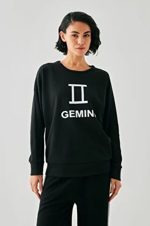 Akbeniz Kadın Siyah İkizler Burcu Oversize 2 İplik Eşofman Ev Giyim Takımı