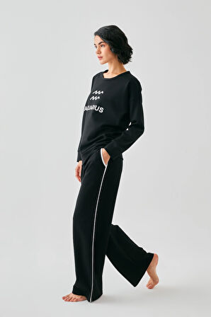 Akbeniz Kadın Siyah Kova Burcu Oversize 2 İplik Eşofman Ev Giyim Takımı