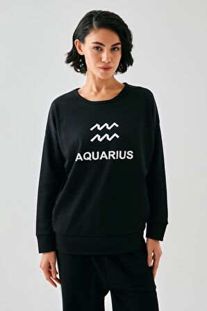 Akbeniz Kadın Siyah Kova Burcu Oversize 2 İplik Eşofman Ev Giyim Takımı