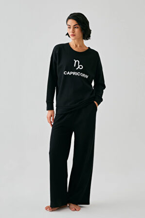 Akbeniz Kadın Siyah Oğlak Burcu Oversize 2 İplik Eşofman Ev Giyim Takımı