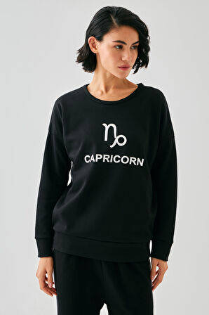 Akbeniz Kadın Siyah Oğlak Burcu Oversize 2 İplik Eşofman Ev Giyim Takımı