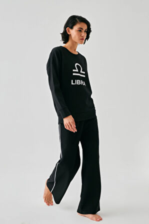 Akbeniz Kadın Siyah Terazi Burcu Oversize 2 İplik Eşofman Ev Giyim Takımı