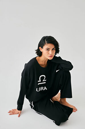 Akbeniz Kadın Siyah Terazi Burcu Oversize 2 İplik Eşofman Ev Giyim Takımı