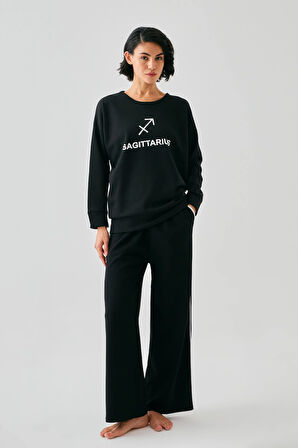Akbeniz Kadın Siyah Yay Burcu Oversize 2 İplik Eşofman Ev Giyim Takımı