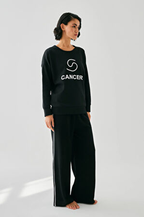 Akbeniz Kadın Siyah Yengeç Burcu Oversize 2 İplik Eşofman Ev Giyim Takımı